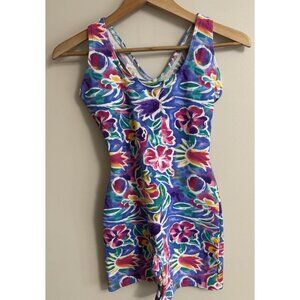 Vtg 80's Pink Blue Floral One Piece Workout Leotard Cotton Blend S/XS